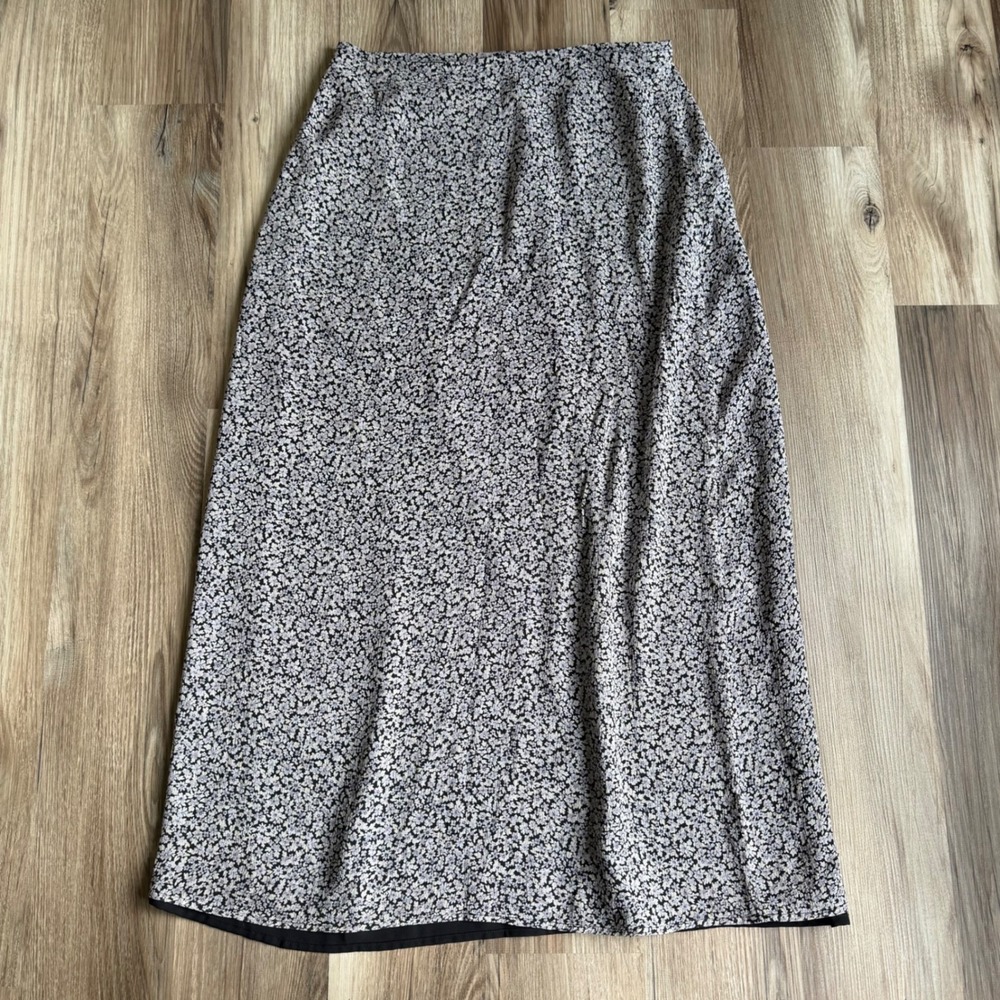 Vintage Silk Maxi Skirt Ditsy Floral Lavender Grey Black Size 12 Whimsigoth